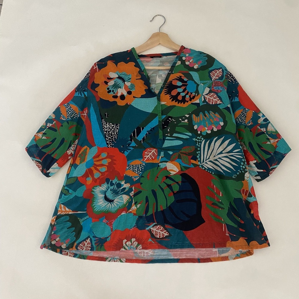 Sapphire Small Multicolor Top Blouse Lagenlook Oversized V Neck 1/2 Sleeve Shirt